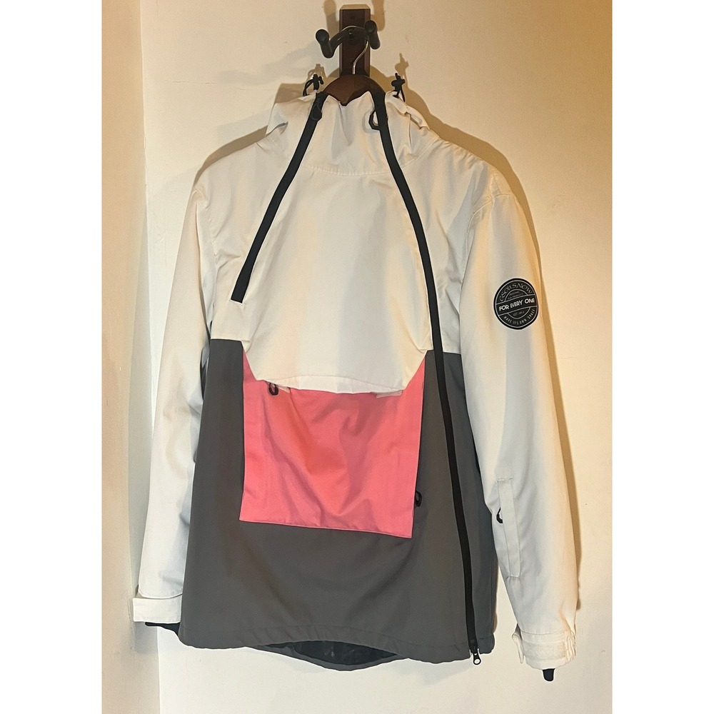 Gsou Snow Women Ski Jacket White Grey Pink Colorblock Hooded Anorak Size S